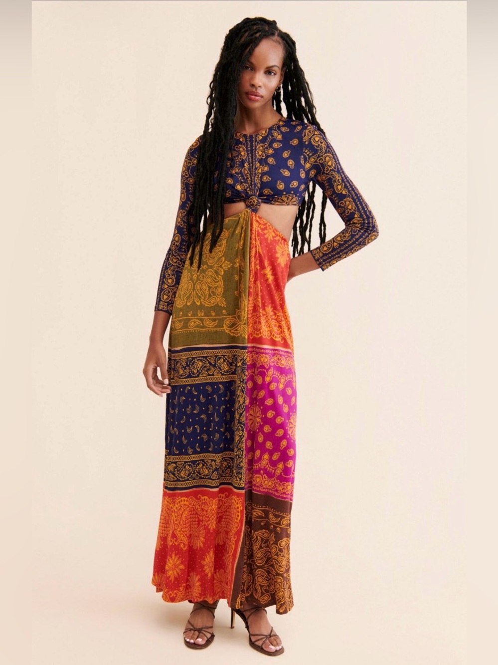 FARM Rio Mixed Paisley Cutout Maxi Dress XS Boho Resort Vacation Dres